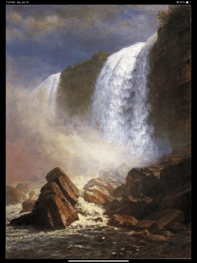 Albert Bierstadt painting of a tall white waterfall plunging between dark rocky cliffs into a misty pool with rust-toned boulders.