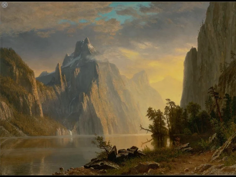 Albert Bierstadt painting of a sunlit mountain valley, light and shadow leading the eye into the scene.
