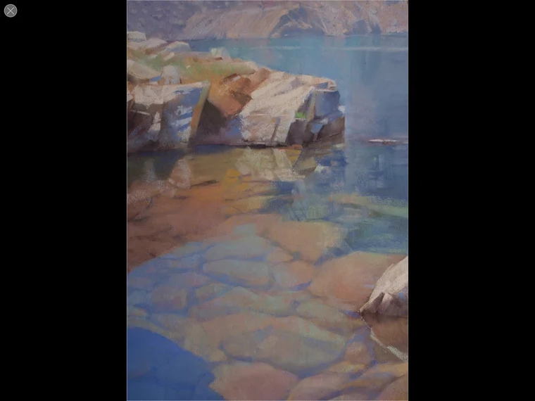 Bill Cone painting, a vertical view into a rocky cove, sunlit boulders above clear shallow water revealing submerged rocks, distant cliffs beyond.