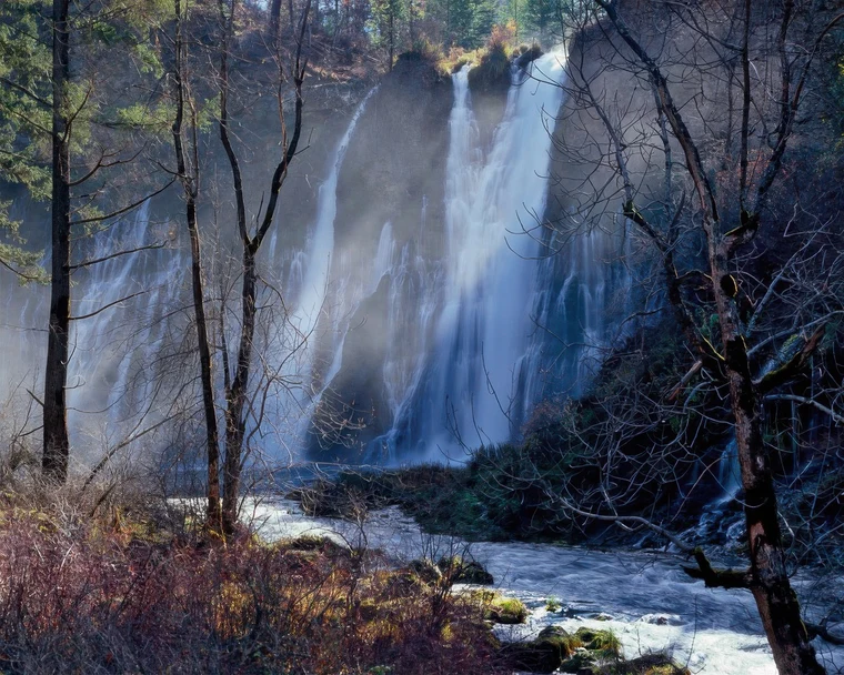A horizontal photograph of a misted waterfall framed by bare trees, a river running across the foreground, color held to muted greens and earth.