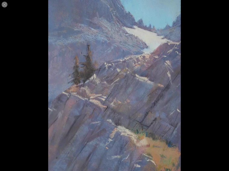 Bill Cone pastel painting of steep gray rocky cliffs in shadow and pale light with a single dark conifer in the middle distance and a small patch of bright blue sky in the upper right.