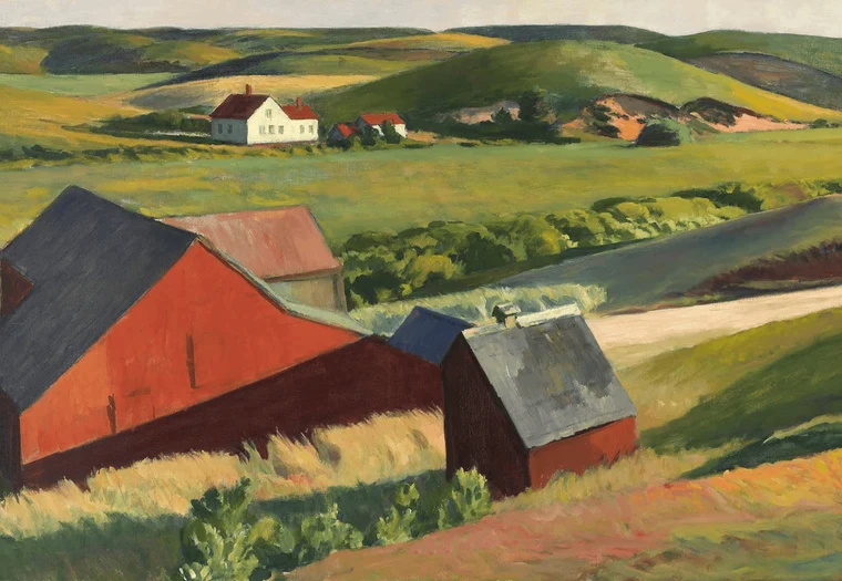 Edward Hopper painting of red barns in a green rolling landscape with a small white farmhouse in the middle distance.