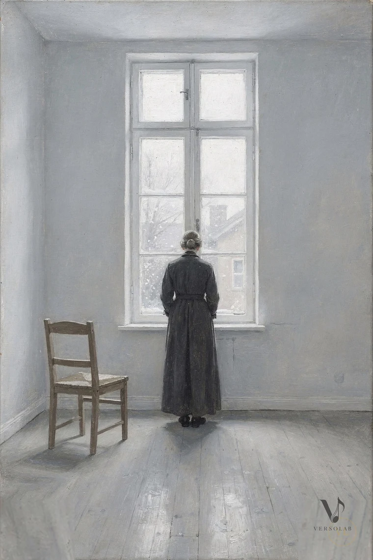 Vilhelm Hammershøi painting of a woman in a dark dress standing with her back turned at a tall window in a pale gray room, with a single wooden chair to her left.