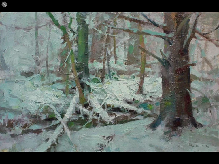 Tad Retz painting of a snowy forest, a heavy dark trunk at right and snow-laden branches crossing the frame on a diagonal, pale trunks receding behind.