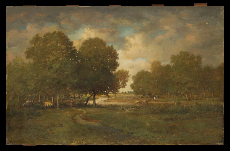 Theodore Rousseau landscape painting with a clearing, trees, and soft light drawing the eye in an S-curve through the scene.