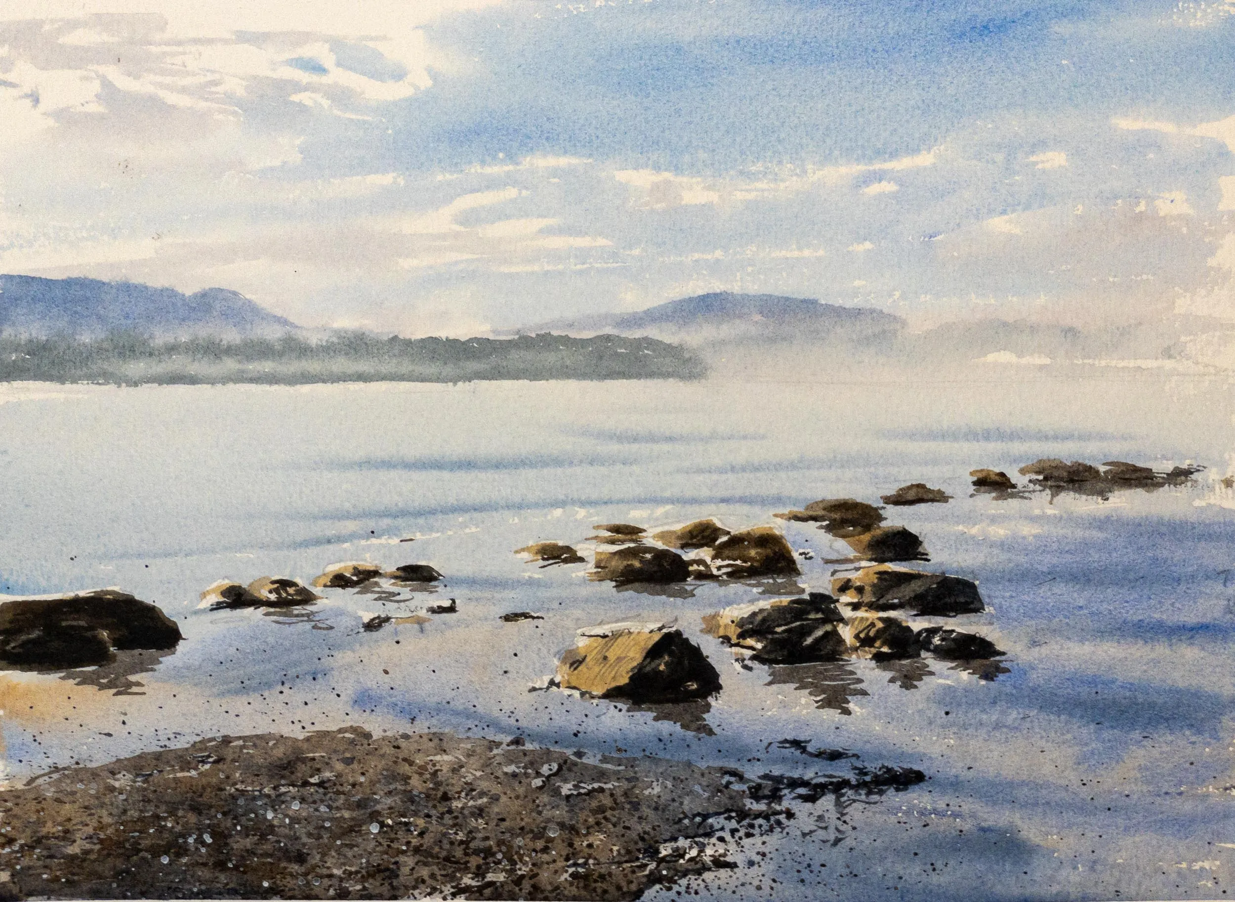 Watercolor of rocks in still water
