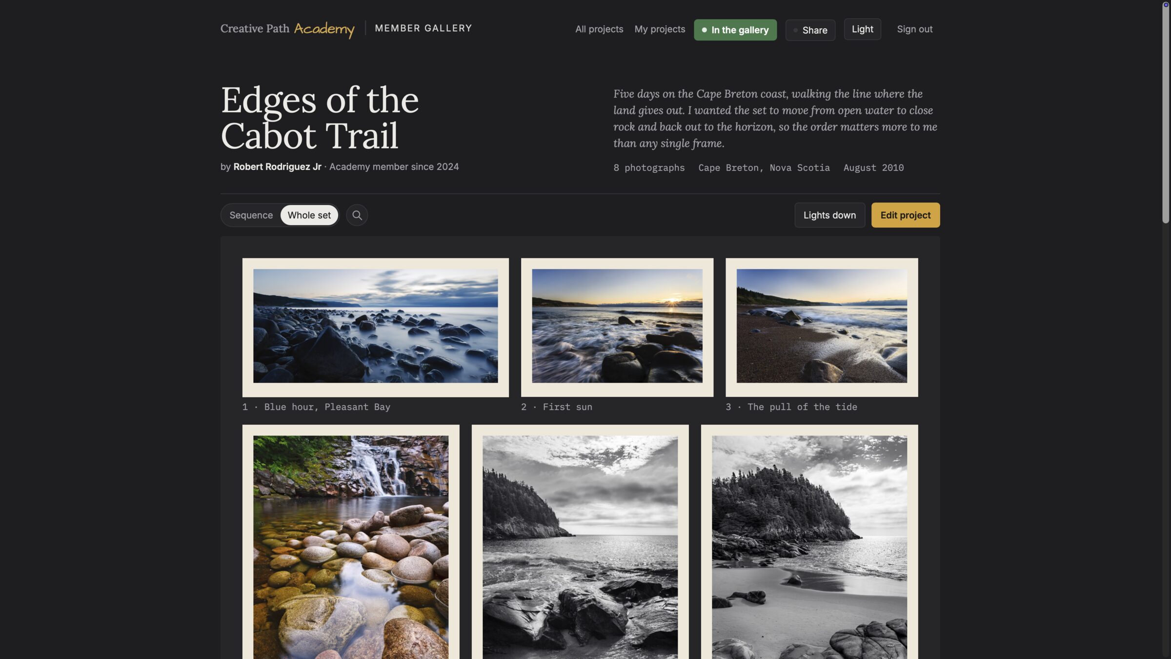 The Academy member gallery showing a project called Edges of the Cabot Trail: eight Cape Breton photographs in the photographer's chosen order, with a short statement about the set