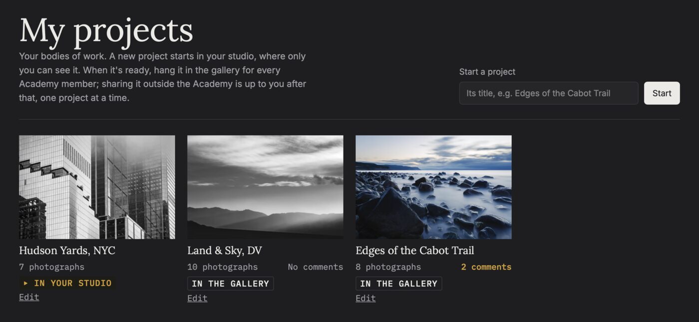 The My projects page of the Academy member gallery: three projects, one still private in the member studio and two hung in the gallery for other members